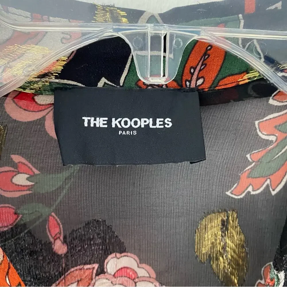 The Kooples Silk Bollywood Black Gold Metallic Floral Print Sheer Blouse small